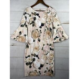 Calvin Klein Dress 6 Floral Pink Scuba Neoprene Stretch Bell Sleeve Sheath Sexy